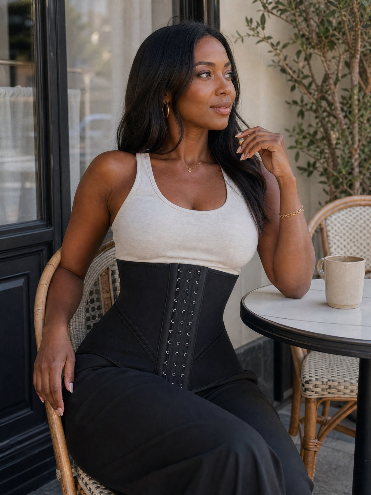 Elite Journey waist cincher, cafe terrace lifestyle