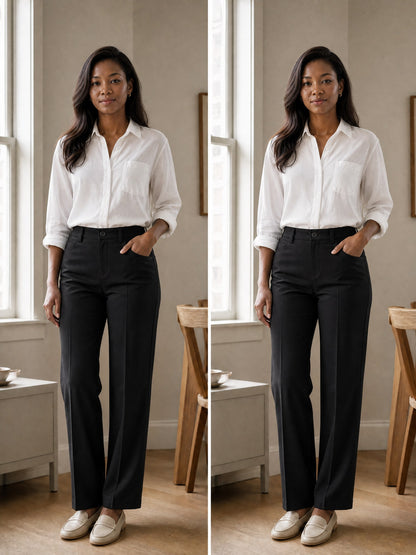 Elite Journey same-outfit styling comparison with white blouse and trousers