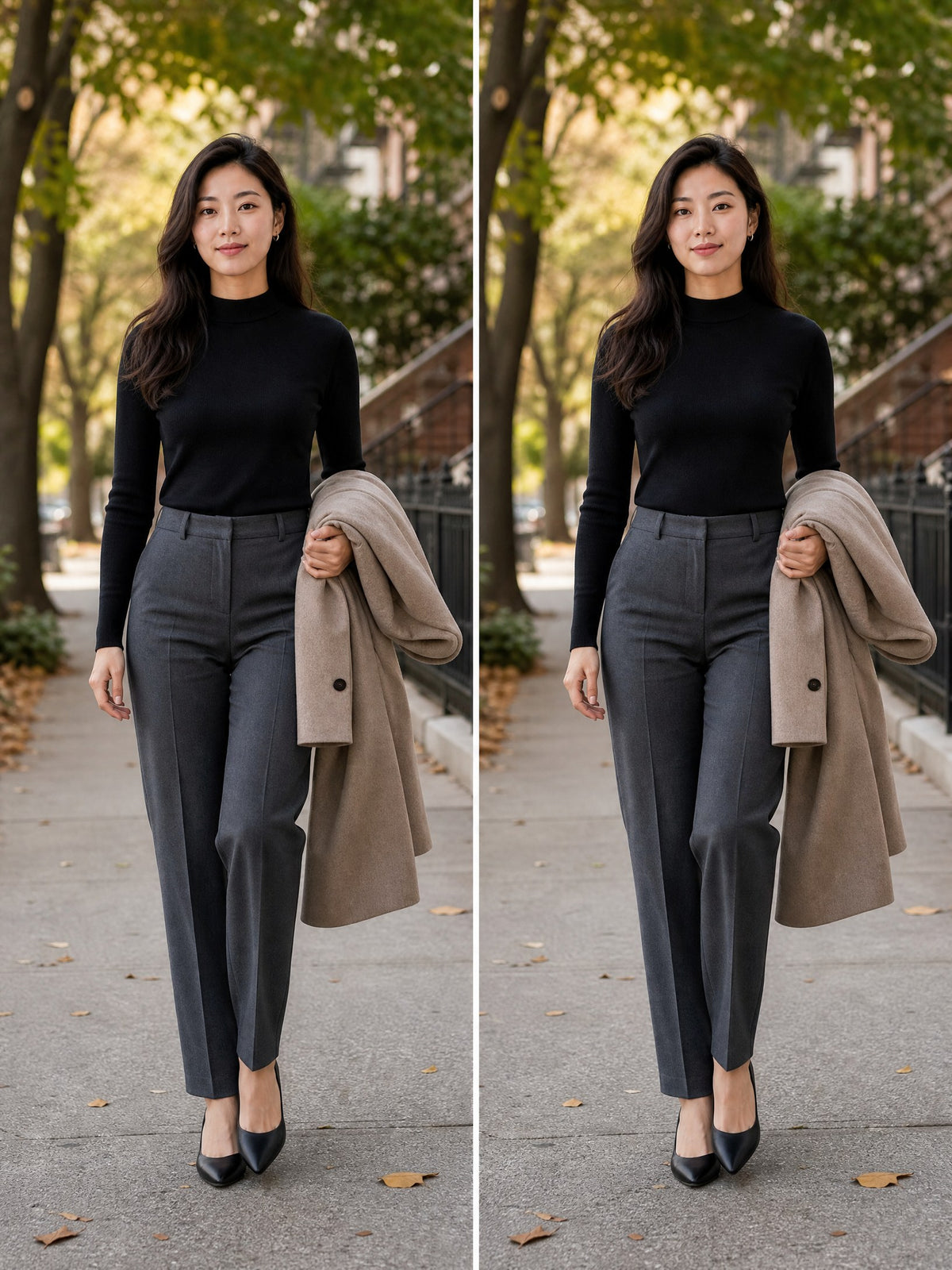 Elite Journey same-outfit styling comparison with black knit and tailored trousers