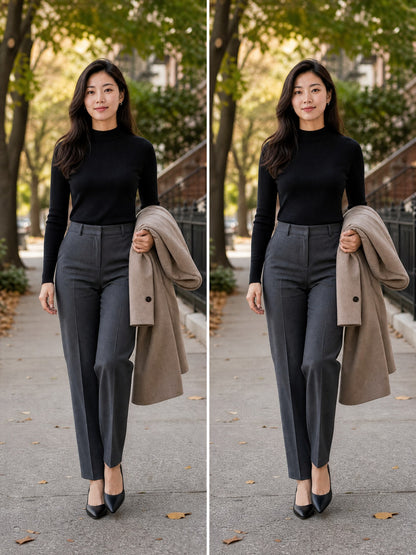 Elite Journey same-outfit styling comparison with black knit and tailored trousers