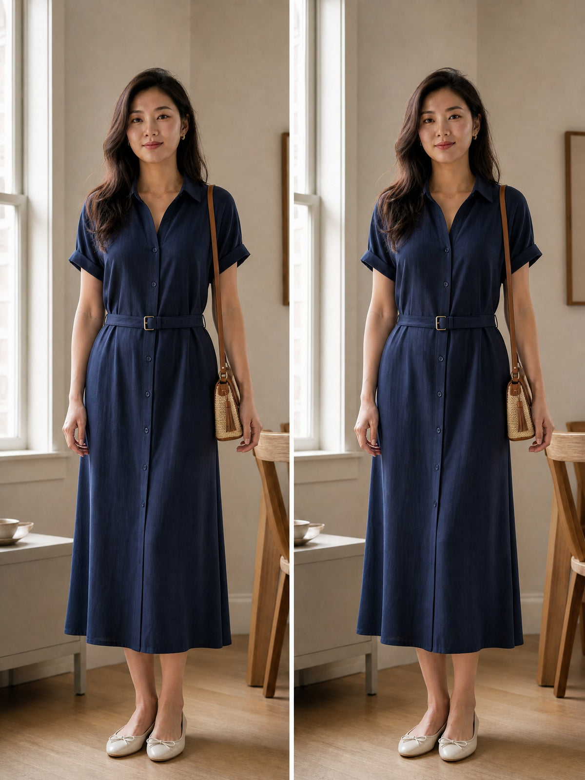 Elite Journey same-outfit styling comparison with navy shirt dress