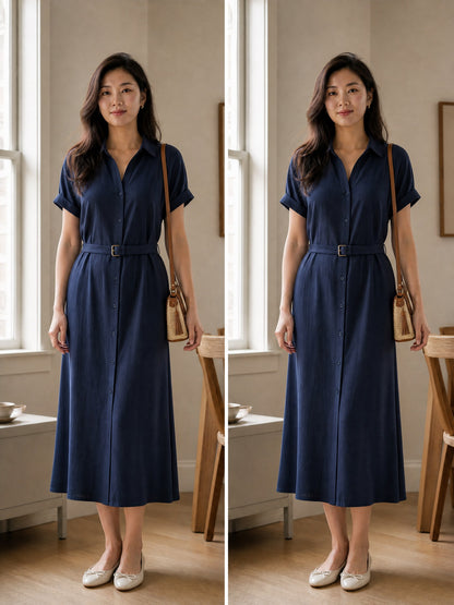 Elite Journey same-outfit styling comparison with navy shirt dress