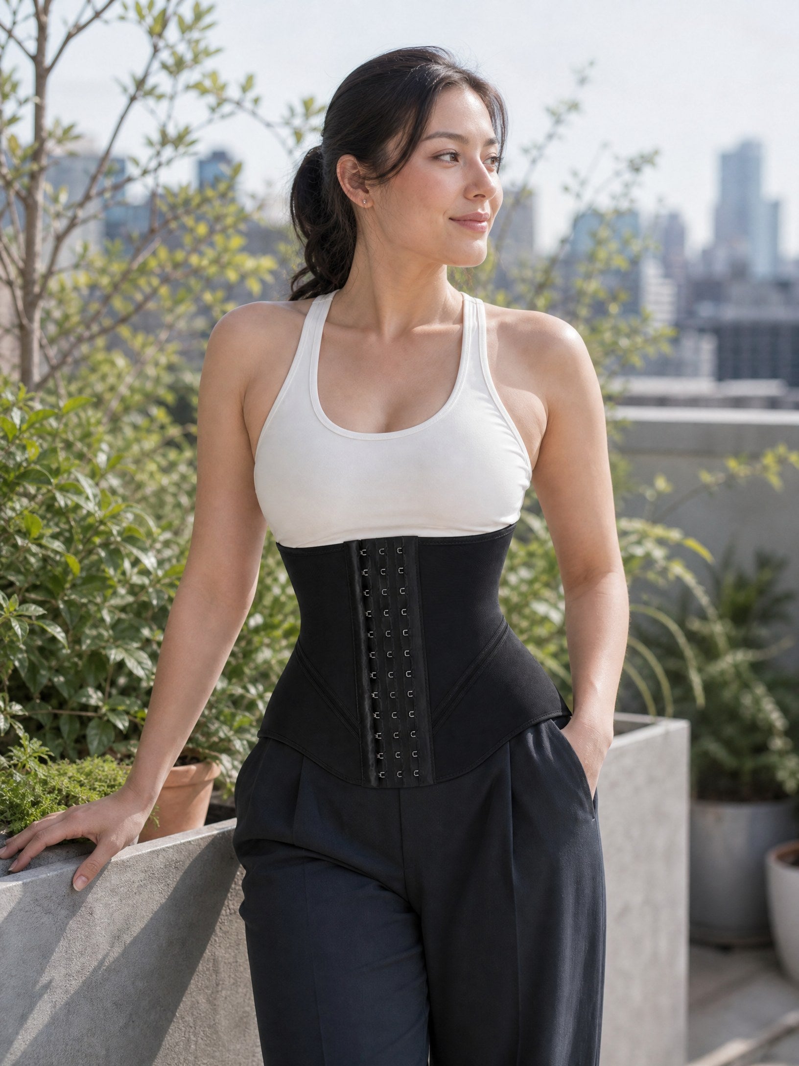 Elite Journey waist cincher styled in a natural rooftop garden setting